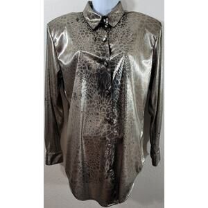 Vintage Connie Anderson Audio Gold Metallic Animal Print Button Up Top XS Soft